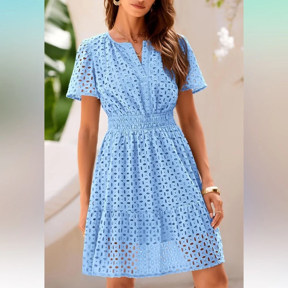 NWT: PRETTY GARDEN Summer V Neck Short Sleeve A Line Hollow Out Lace Size Large - Picture 1 of 6